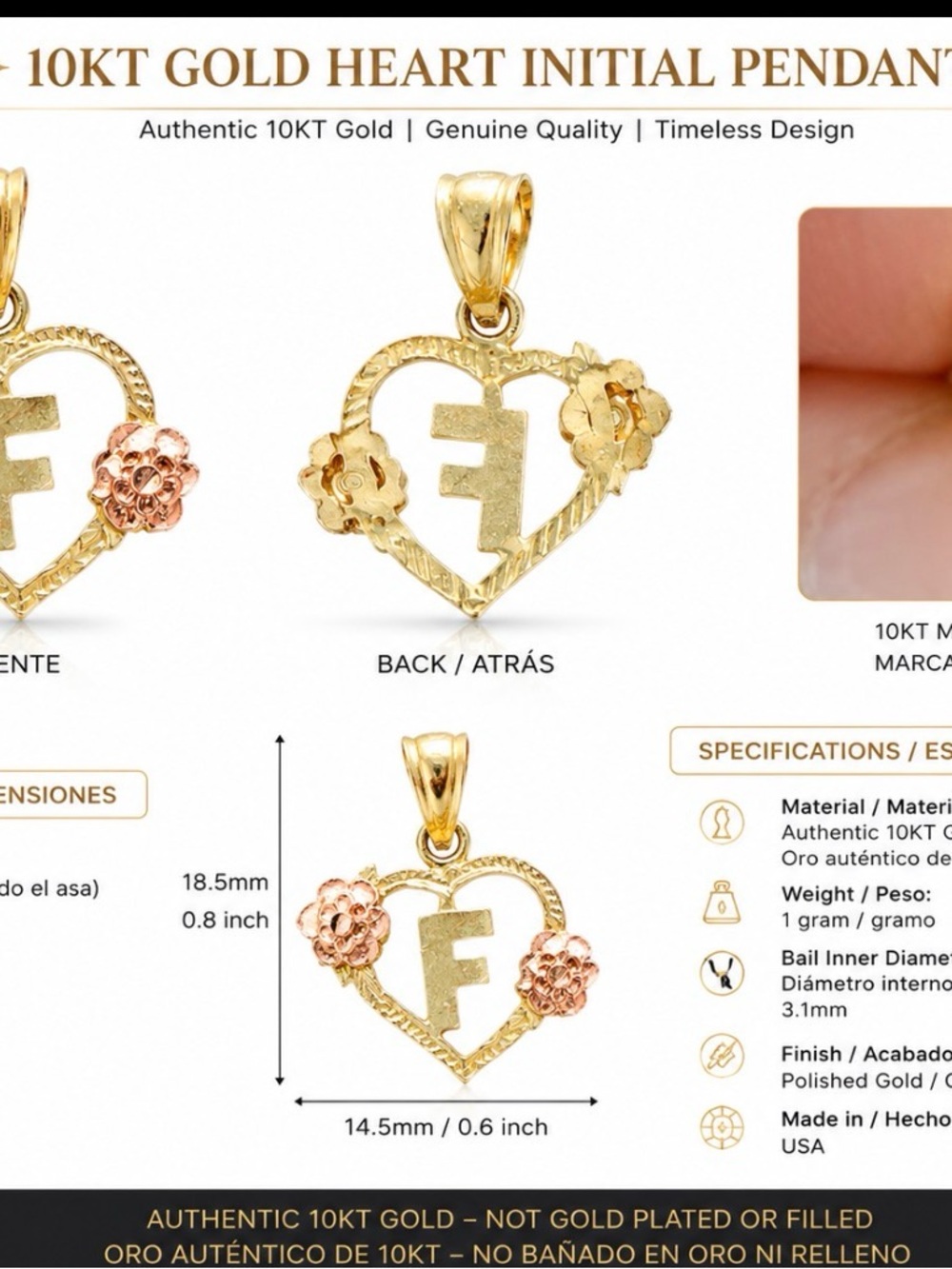 10KT Gold Heart Initial Pendant with F Accent